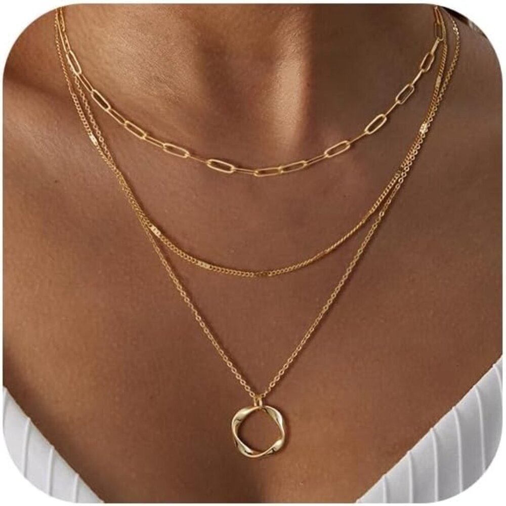 Elegant 14k Gold Layered Necklace Set for Women, Classic Dainty Pendant, Adjusta
